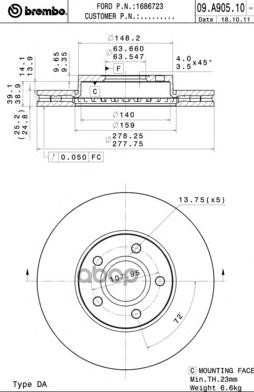 Диск тормозной (Спереди) Ford Focus 10- / C-MAX 03-15 Brembo арт. 09.A905.10
