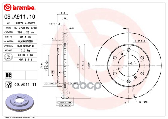 Диск Тормозной Передн. С Уф Покрытием Mitsubishi Pajero Iv (V8_w  V9_w) 11/06-> / Mitsubishi Pajero Brembo арт. 09.a911.11