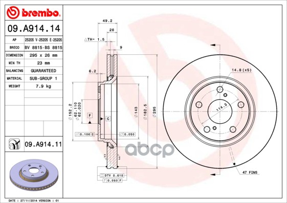 Диск Тормозной Передн. Toyota Auris (_E15_) 10/06-09/12 / Toyota Corolla Saloon (_E15_) 10/06-> Brembo арт. 09.a914.14