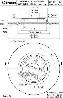 Диск тормозной (Спереди) Jaguar XF 07-16 / XJ 03-09 Brembo арт. 09.B311.11