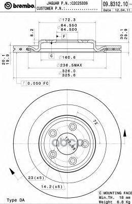 Диск тормозной (Сзади) Jaguar XF 07-16 / XJ 03-21 Brembo арт. 09.B312.11