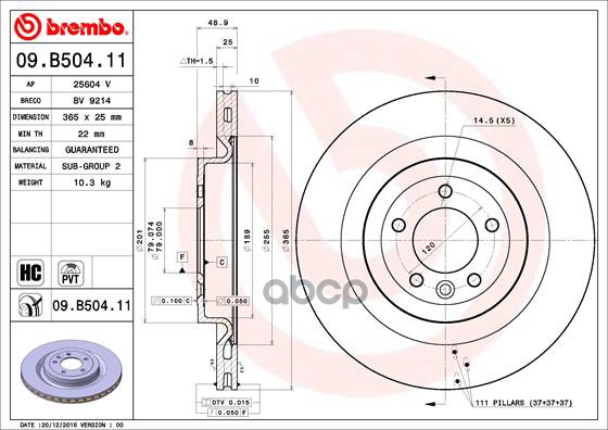 Диск тормозной задний вентилируемый PVT 365мм Brembo арт. 09B50411