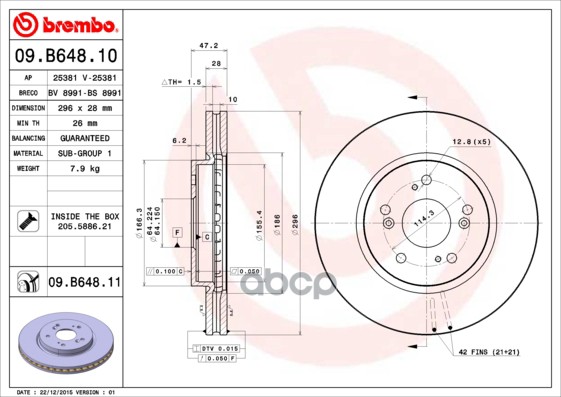 Диск Тормозной Передний Вентилируемый 296Мм Brembo арт. 09B64810