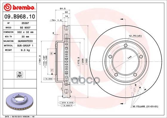 Диск Тормозной Передн. С Уф Покрытием Toyota Land Cruiser (_J7_) 03/84-> Brembo арт. 09.b968.11