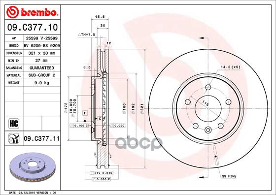 Диск тормозной передний вентилируемый 321мм Brembo арт. 09C37711
