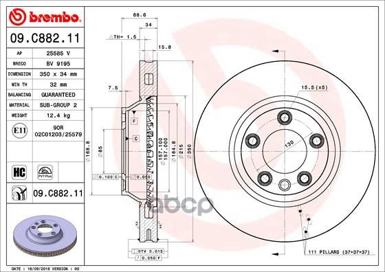 Диск тормозной передн. с УФ покрытием AUDI Q7 (4L) 03/06-08/15 / PORSCHE CAYENNE (92A) 06/10-> / POR Brembo арт. 09.c882.11