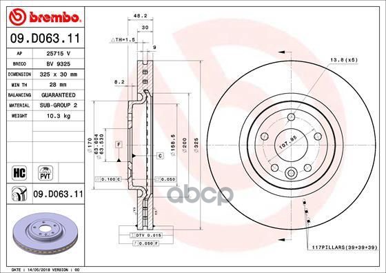Диск тормозной передн. с УФ покрытием JAGUAR XE (X760) 03/15-> / JAGUAR XF II (X260) 05/15-> / JAGUA Brembo арт. 09.d063.11