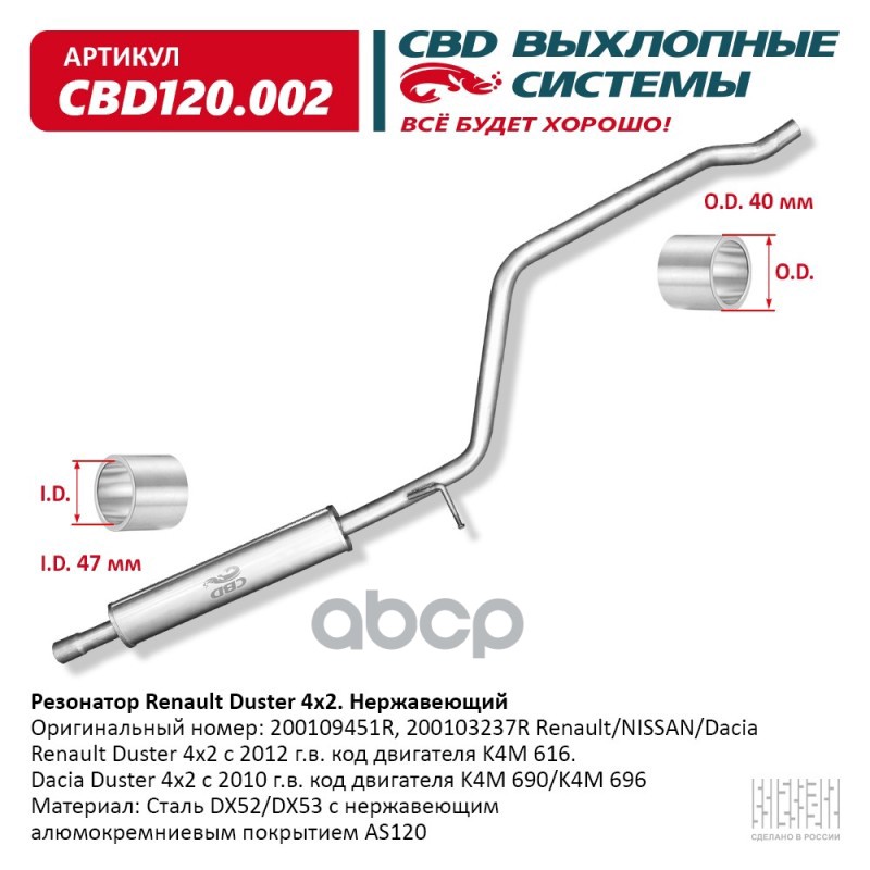 Резонатор Renault Duster 200109451R 4x2 Нерж сталь. CBD120.002 CBD арт. cbd120002