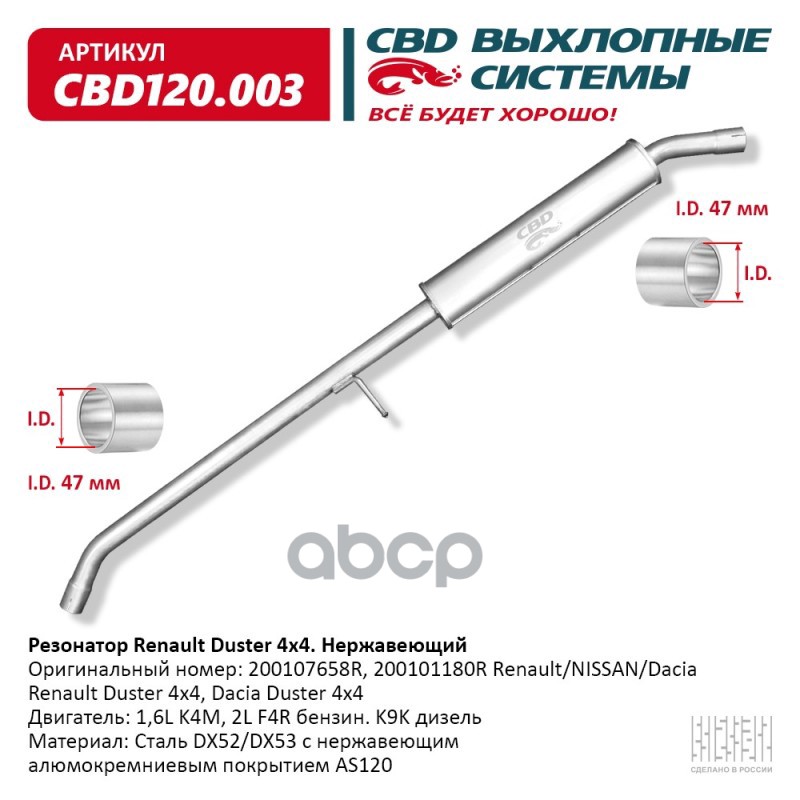 Резонатор Renault Duster 200107658R 4x4 Нерж сталь. CBD120.003 CBD арт. CBD120.003