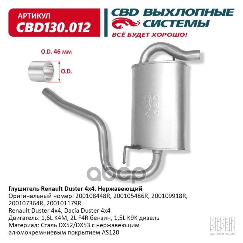 Глушитель Renault Duster 4x4, Dacia Duster 4x4. Двигатель: 1 CBD CBD130.012 CBD арт. CBD130.012
