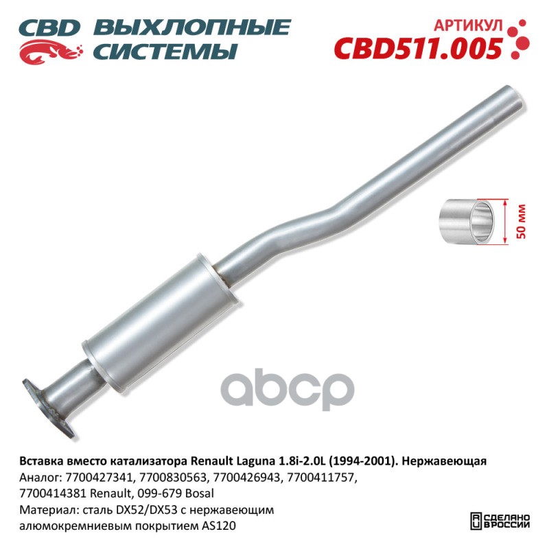 Вставка вместо катализатора Renault Laguna 1.8i-2.0L (1994-2001). Нержавеющая. CBD CBD511.005 CBD арт. CBD511.005