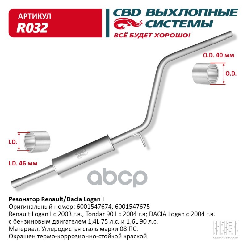 Резонатор Renault/DACIA Logan 6001547674/75. CBD. R032 CBD арт. R032