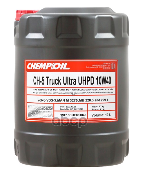 CHEMPIOIL 10W-40 Ch-5 Truck Ultra Uhpd, Ci-4/Sl, Ci-4 Plus, 10Л (Полусинт. Мотор. Масло) Hcv
