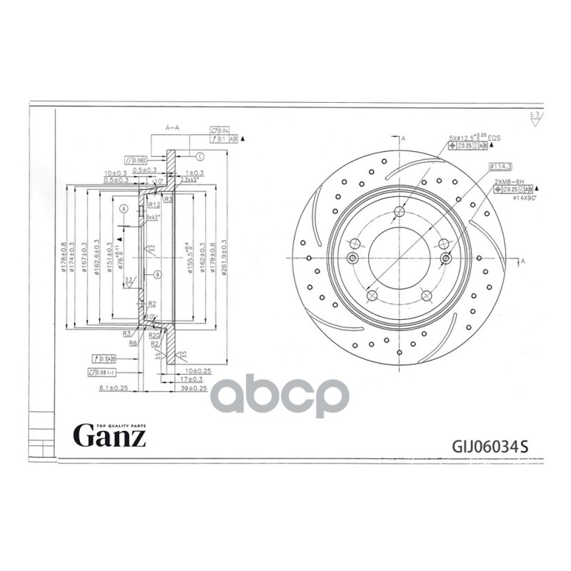 Диск Тормозной Задний Перфорированный Pro-Line С Покрытием (Компл.2 Шт) Hyundai Elantra Sedan/Veloster 2011-> /D=262Mm Ganz G...