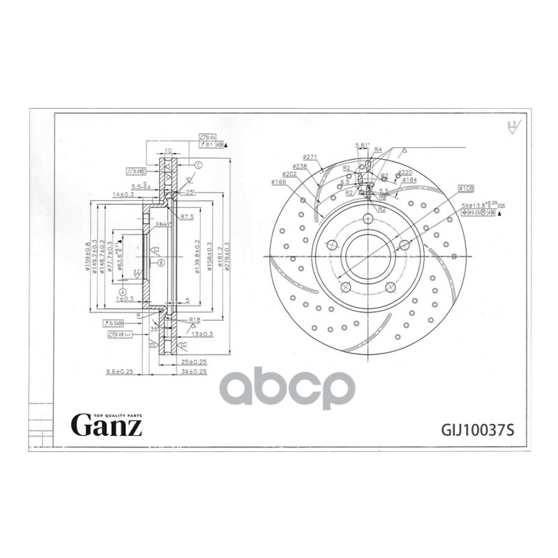 Диск тормозной передний перфорированный PRO-Line с покрытием (компл.2 шт) FORD Focus III/C-Max II / VOLVO V40 12 GANZ GIJ1003...