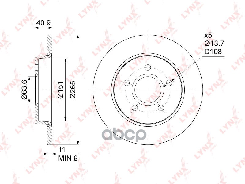 Диск тормозной задний (265x11) FORD Focus II 1.4-2.0D 04-12 / C-Max 1.6-2.0D 03-10 LYNXauto арт. bn-1018