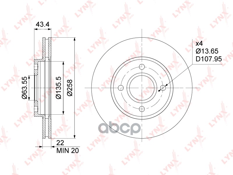 Диск тормозной передний (258x22) FORD Focus I 1.4-2.0 99-04 / Fiesta IV-V 1.0-1.6D 95-08 / Fusion 1. LYNXauto арт. bn-1026
