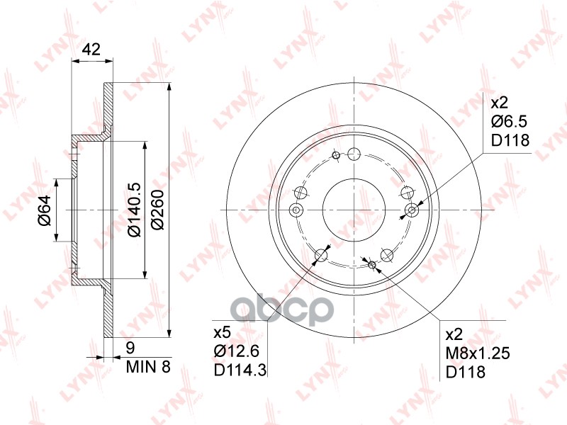 Диск тормозной задний (260x9) подходит для HONDA Civic VII-IX 1.3h-2.2D 01 BN-1029 LYNXauto арт. BN-1029