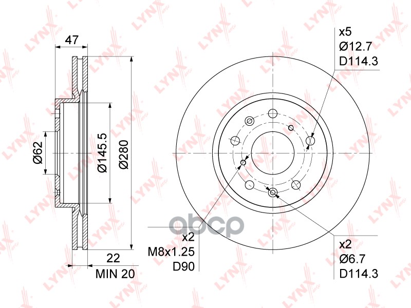 Диск тормозной передний (279 5x22) SUZUKI SX4 1.5-2.0D Hungary 06>  FIAT Sedici 1.6-2.0D 06> LYNXauto арт. bn-1134