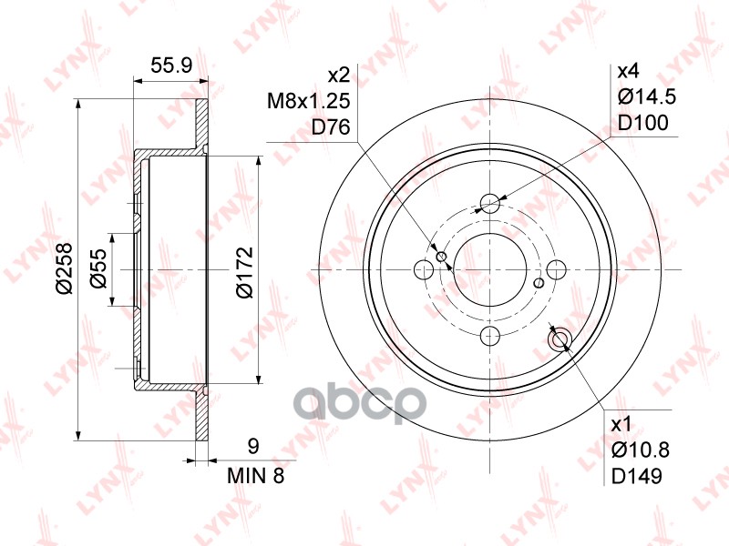 Диск Тормозной Зад (258X9) Toyota Corolla(E12) 1.4-1.8 02-07 LYNXauto арт. BN1140