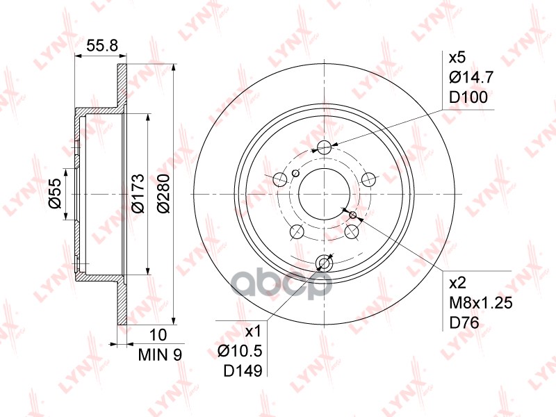 Диск тормозной задний (280x10) TOYOTA Avensis(T25) 1.6-2.4 03-08 LYNXauto арт. bn-1142