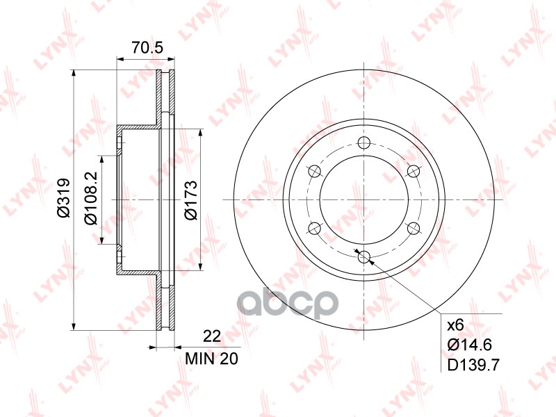 Диск тормозной передний (319x22) TOYOTA Land Cruiser(90) 2.7-3.4 96> / Hilux 2.7 97-05 / 4Runner 2.7 LYNXauto арт. bn-1155