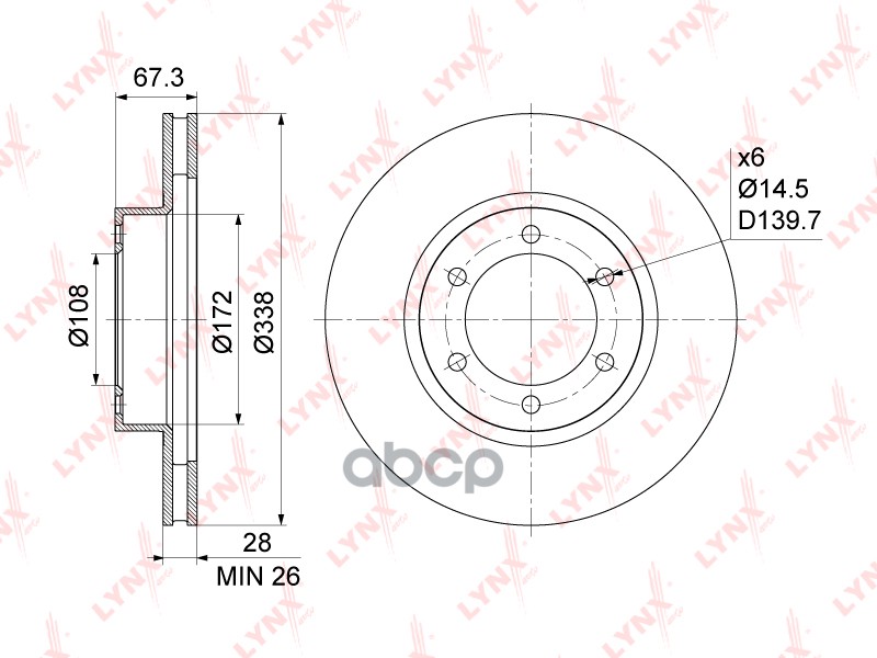 Диск тормозной передний (338x28) подходит для TOYOTA Land Cruiser Prado(120/150) 2.7-4.0 02, LEXUS GX470 01 BN-1158 LYNXauto ...