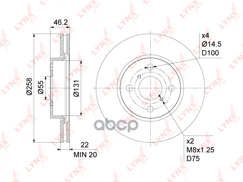 Диск тормозной передний (258x22) TOYOTA Yaris(P90/P130) 1.0-1.4D 05> LYNXauto арт. bn-1164