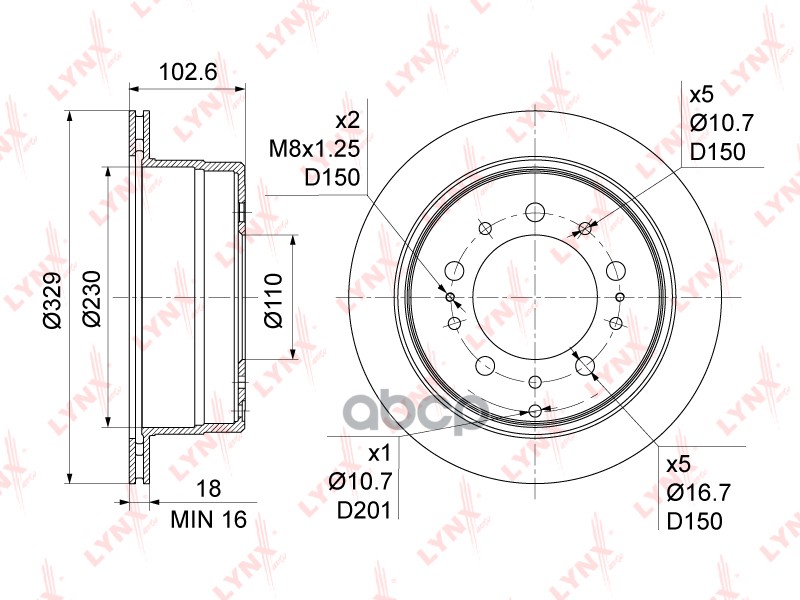 Диск тормозной задний (329x18) TOYOTA Land Cruiser(100) 4.2D-4.7 98-07  LEXUS LX470 98-09 LYNXauto арт. bn-1185