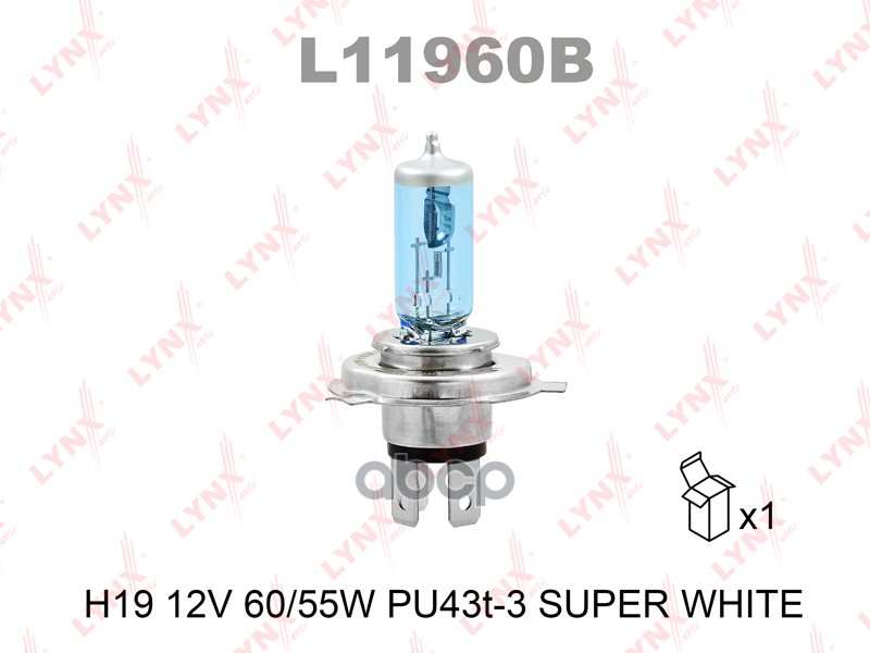 Лампа галогенная H19 12V 60/55W PU43t-3 SUPER WHITE LYNXauto арт. l11960b