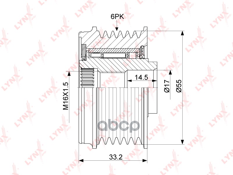 Муфта свободного хода генератора HYUNDAI ix35 2.4 10> / Santa Fe(CM/DM) 2.4 10> / Sonata(YF) 2.0-2.4 LYNXauto арт. pa-1156