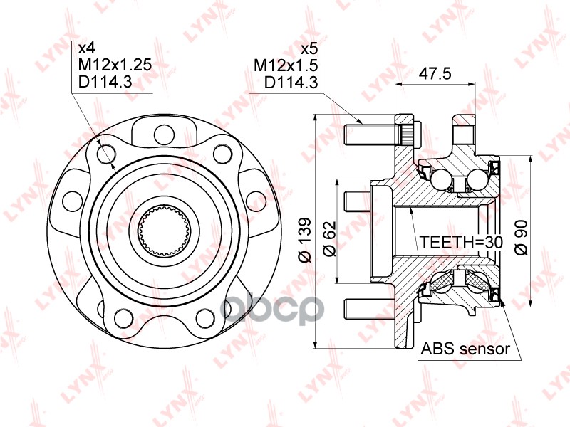Ступица передняя в сборе с ABS TOYOTA Auris(E150/E180) 2.0D-2.2D 07> / Avensis(T27) 2.0D-2.2D 09> / LYNXauto арт. wh-1013