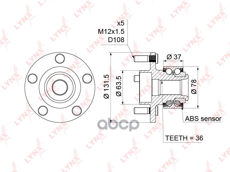 Ступица передняя в сборе (с ABS) подходит для FORD Focus II 1.4-2.5 04 / C-Max 1.6-2.0D 07 WH-1215 LYNXauto арт. WH-1215