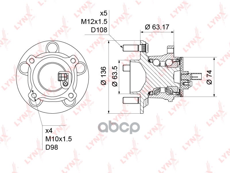 Ступица задняя в сборе (с ABS) подходит для FORD Focus II 1.4-2.5 04 / C-Max 1.6-2.0D 07 WH-1225 LYNXauto арт. WH-1225
