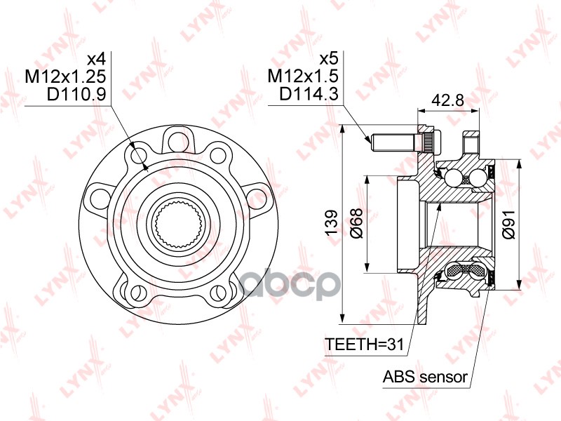 Ступица передняя в сборе подходит для MAZDA 6(GJ) 2.0-2.5 12 / 3(BM) 2.2D 13 / CX-5 2.0-2.5 11 WH-1500 LYNXauto арт. WH-1500