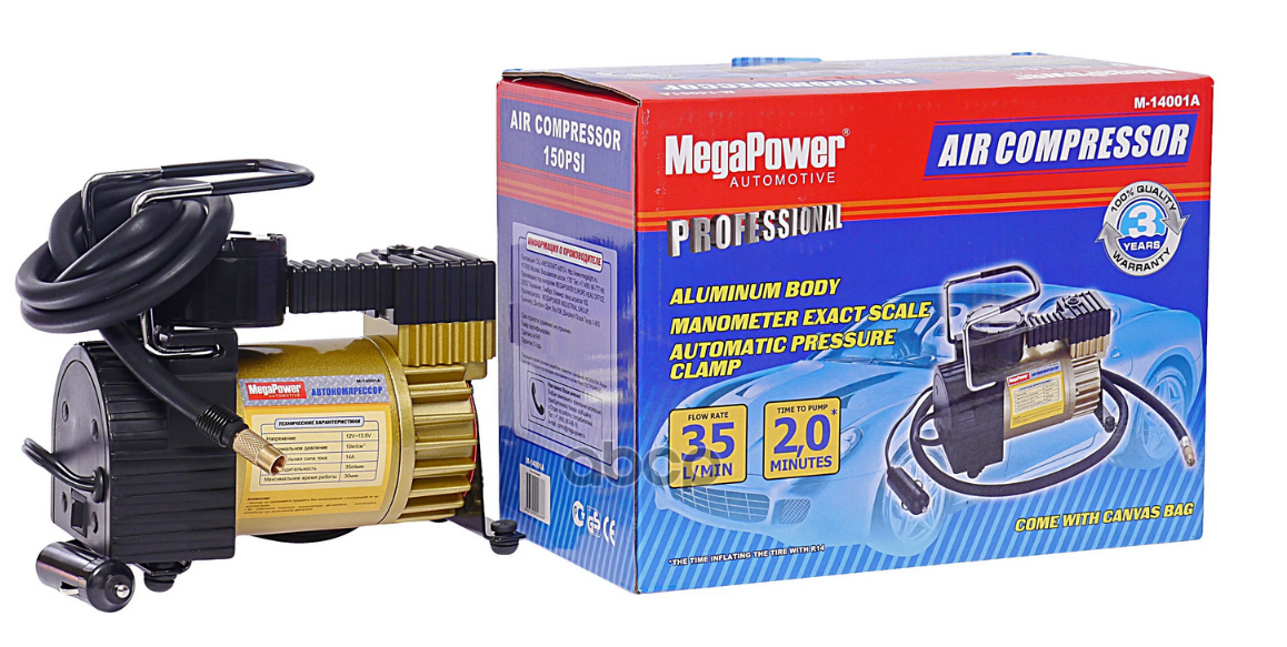 Компрессор Автомобильный 35Лмин. 7Атм. 14А 12V В Прикуриватель (Автомат Давления, Сумка) Megapower M14001a MEGAPOWER Automoti...