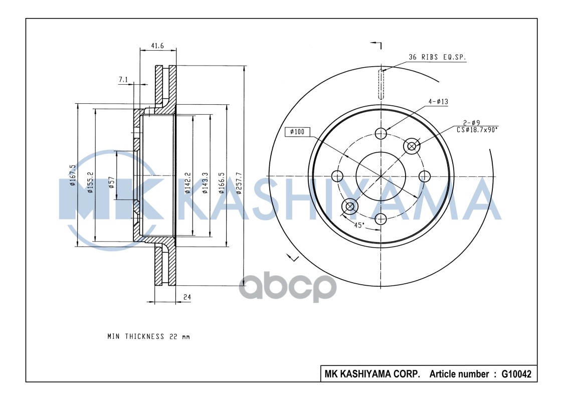 Диск тормозной передний KIA SPECTRA ИЖ 00- /SHUMA 01-04 G10042 MK KASHIYAMA арт. G10042