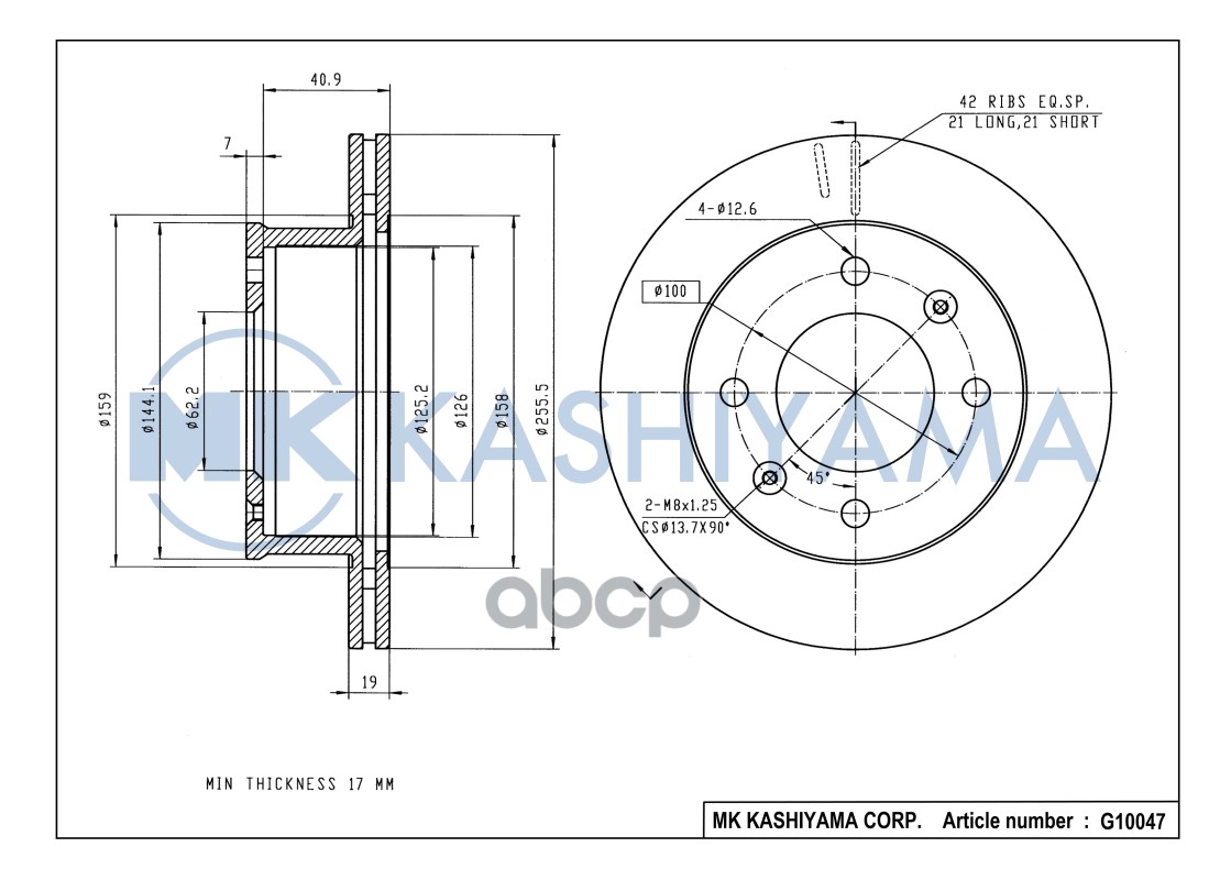 Диск тормозной передний R14 HYUNDAI GETZ 1.1-1.6 02- (с ABS) G10047 MK KASHIYAMA арт. G10047