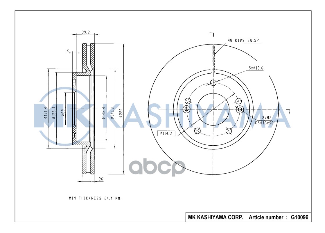 Диск тормозной передний HYUNDAI TUCSON 06-/i30 09-/KIA CEED 06-/SPORTAGE 04- G10096 MK KASHIYAMA арт. G10096