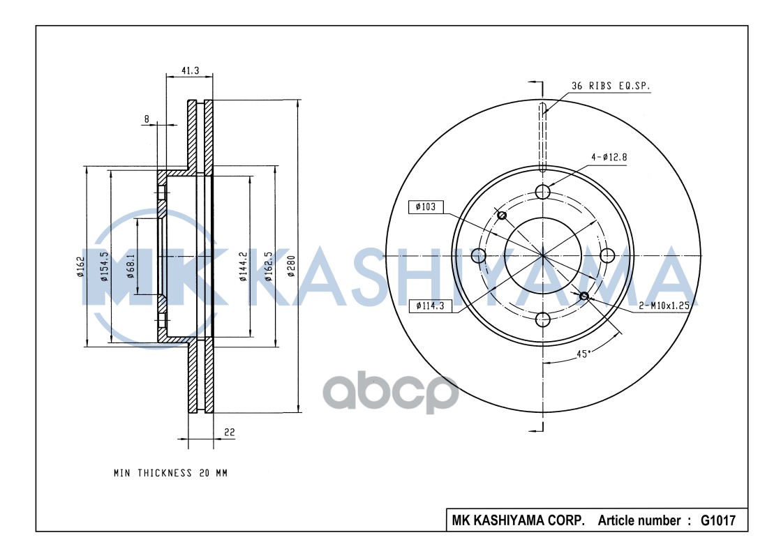 Диск тормозной передний NISSAN ALMERA (N16E) 0006/PRIMERA (P11E) 9602 G1017 MK KASHIYAMA арт. G1017