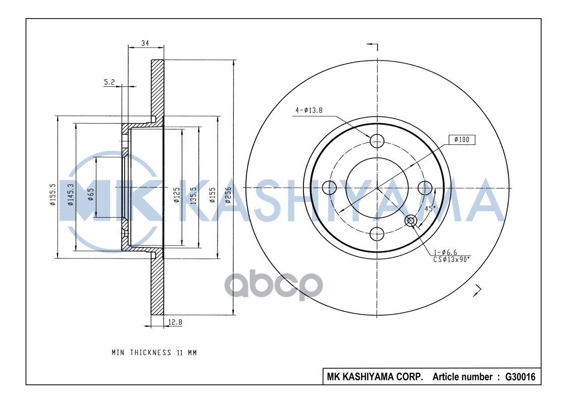 Диск тормозной передний не вентилируемый VW GOLF III 91-97/PASSAT 88-97/VENTO G30016 MK KASHIYAMA арт. G30016