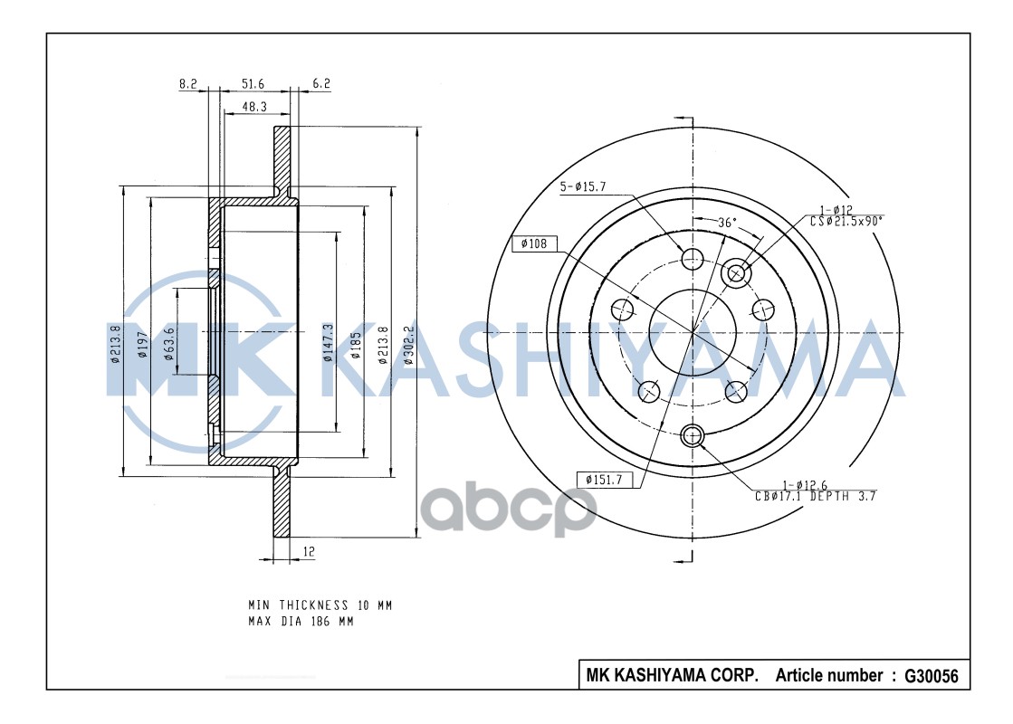 Диск тормозной задний Land Rover FREELANDER 2.2SD/TD 06- G30056 MK KASHIYAMA арт. G30056