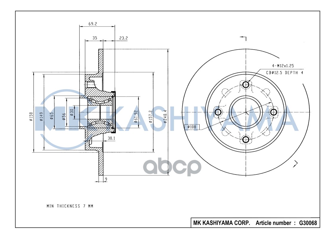 Диск тормозной задний с подшипником CITROEN С3/C4/PEUGEOT 207/307 G30068 MK KASHIYAMA арт. G30068