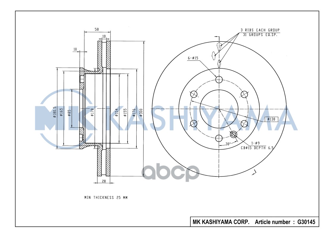 Диск тормозной передний MERCEDES SPRINTER 06-/VW CRAFTER 06- G30145 MK KASHIYAMA арт. G30145