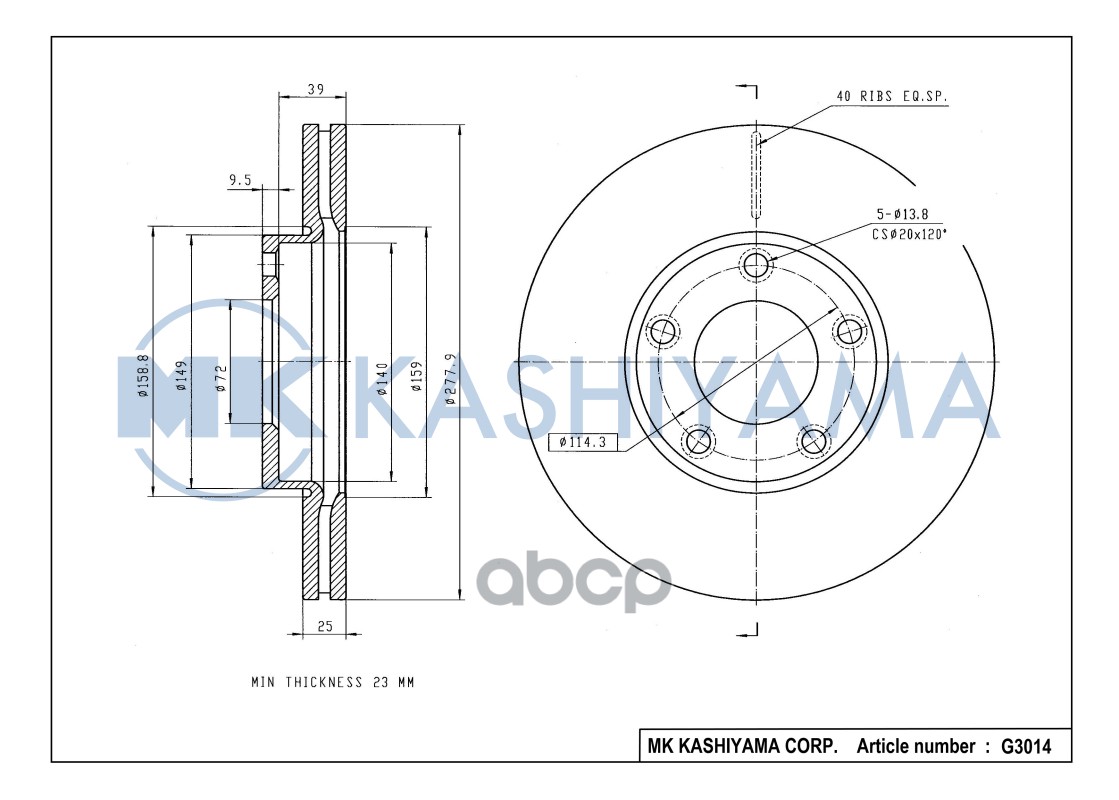 Диск тормозной передний MAZDA 3 1.4/1.6 03/MAZDA 5 R15 1.8/2.0/2.0D 03 G3014 MK KASHIYAMA арт. G3014