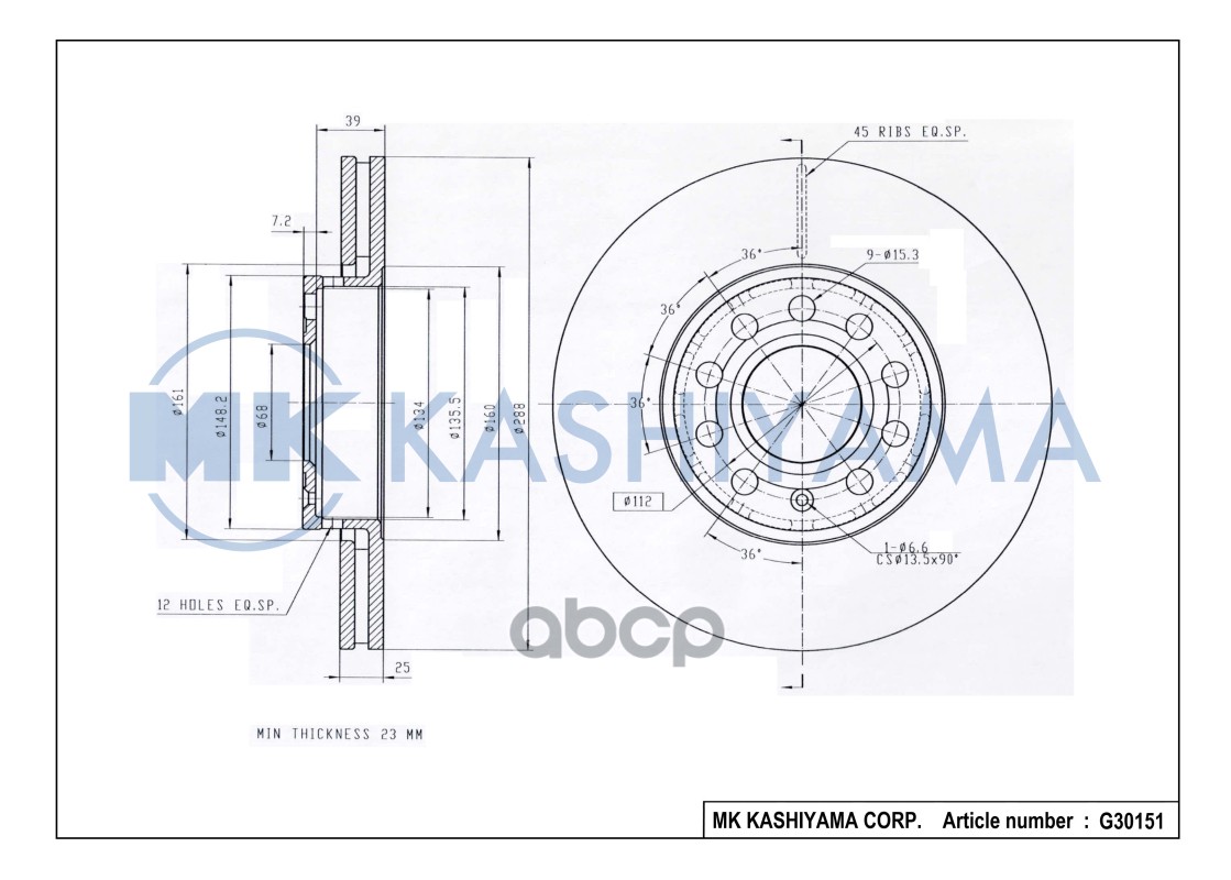 Диск тормозной передний AUDI 100 91/A4 9508/A6 9505/VW PASSAT 9700 G30151 MK KASHIYAMA арт. G30151