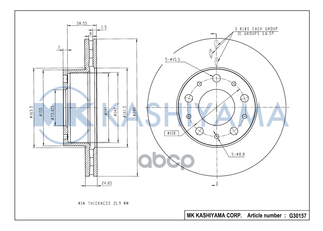Диск тормозной передний CITROEN JUMPER/FIAT DUCATO/PEUGEOT BOXER 94- G30157 MK KASHIYAMA арт. G30157