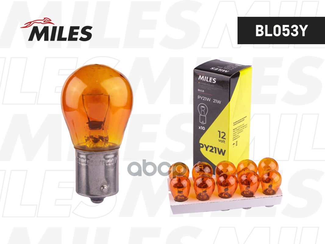 Лампа накаливания сигнальная PY21W BAU15s 12V 21W Yellow картон 10шт цена за 1шт Miles арт. BL053Y