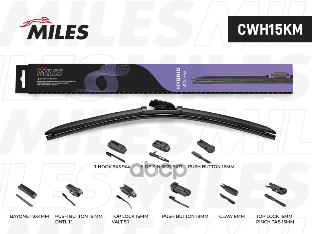 Щётка Стеклоочистителя 375 Мм (15) Гибридная (9 Адаптеров) Miles арт. cwh15km