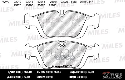 Колодки тормозные передние (без датчика) (Смесь Semi-Metallic) (BMW E36/E46/Z3 E36/Z4 E85 98) (TRW GDB1348) E100301 Miles арт...